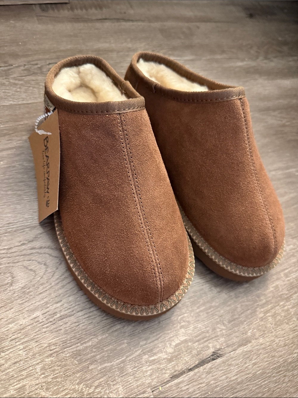 BearPaw Womens Suede Shearling-Lined Slip-On Clog - Chestnut Brown